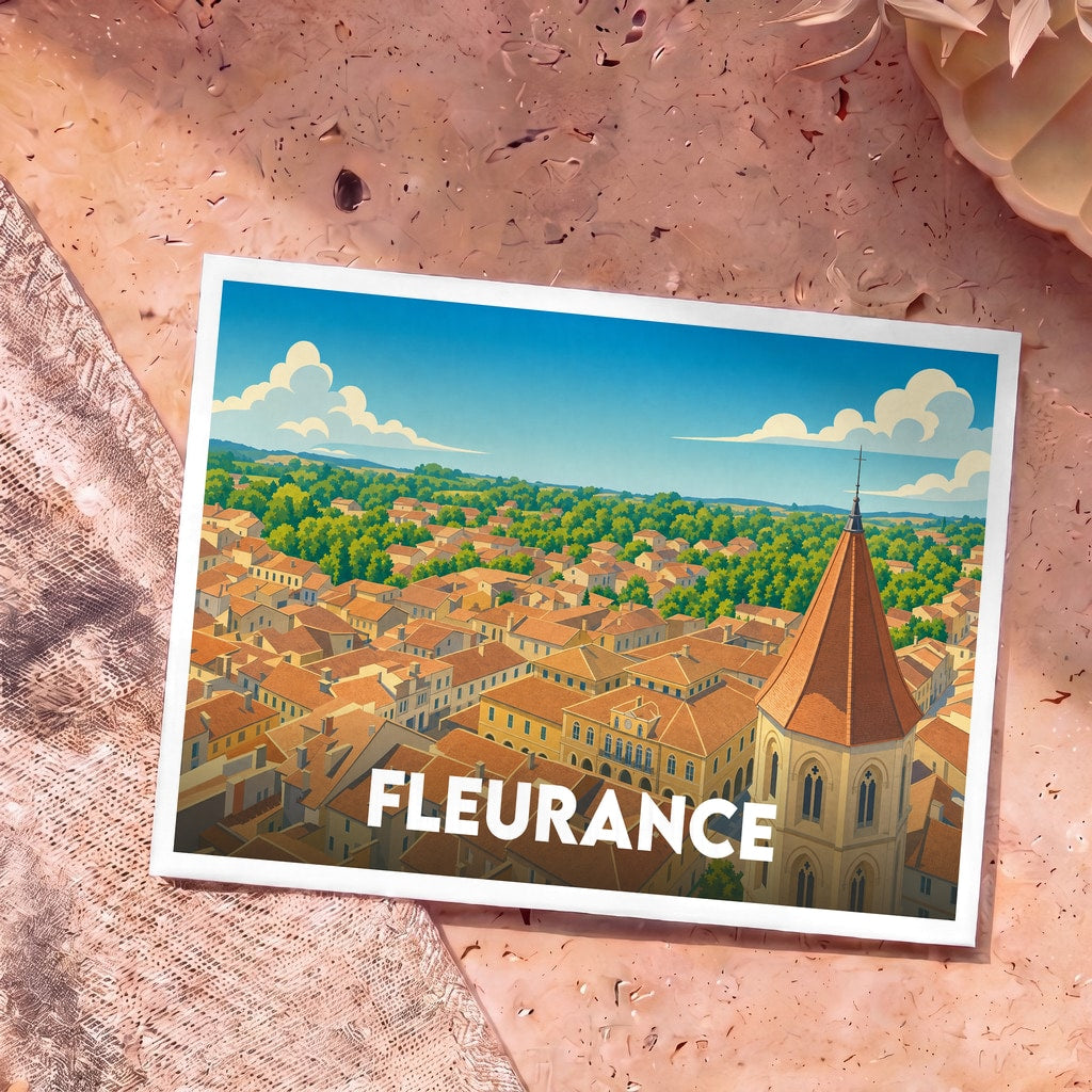Carte postale souvenir de la ville de Fleurance illustrant un panorama urbain coloré avec son église emblématique.