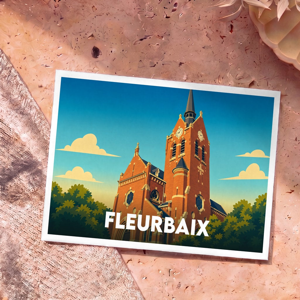 Carte postale souvenir de la ville de Fleurbaix avec une illustration stylisée de son église.