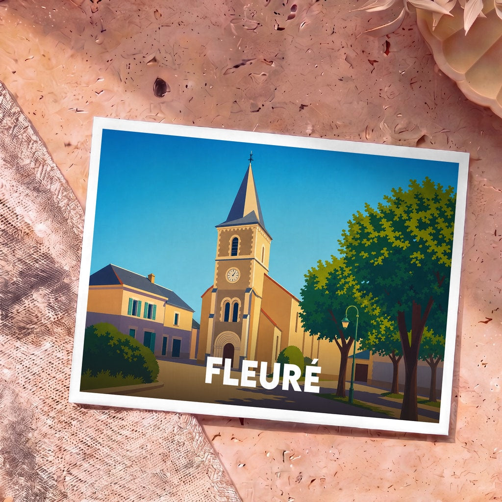 Carte postale souvenir de la ville de Fleuré avec une illustration stylisée de son église et de ses maisons.