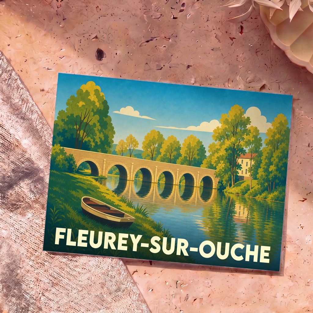 Carte postale souvenir de la ville de Fleurey-sur-Ouche avec une illustration stylisée d'un pont et d'une barque.