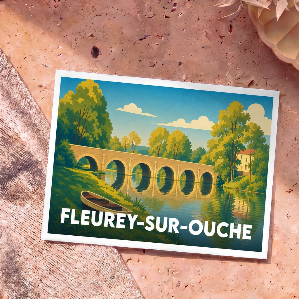 Carte postale souvenir de la ville de Fleurey-sur-Ouche avec une illustration stylisée d'un pont et d'une barque.