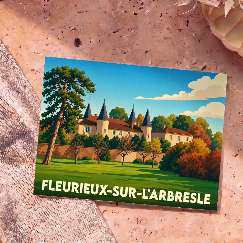 Carte postale souvenir de la ville de Fleurieux-sur-l'Arbresle avec une illustration stylisée de son château.