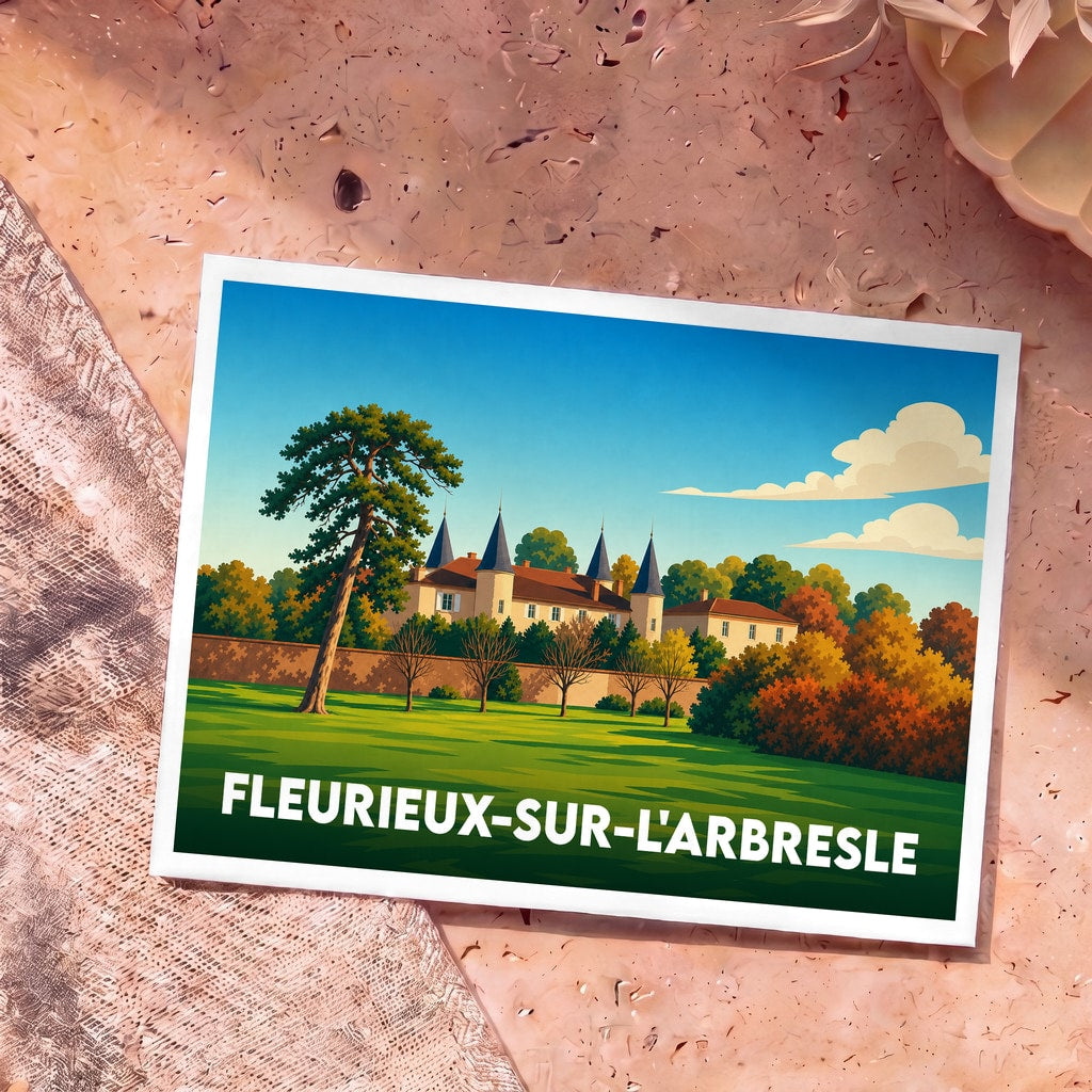 Carte postale souvenir de la ville de Fleurieux-sur-l'Arbresle avec une illustration stylisée de son château.
