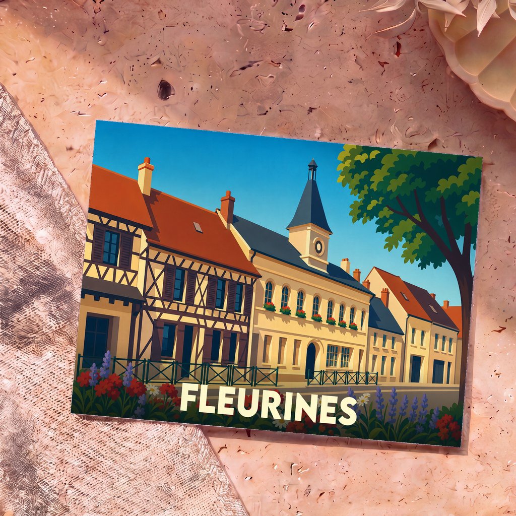 Carte postale souvenir de la ville de Fleurines avec une illustration stylisée d'une rue pittoresque.