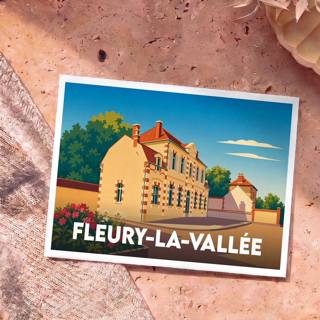 Carte postale souvenir de la ville de Fleury-la-Vallée avec une illustration stylisée d'un bâtiment traditionnel.