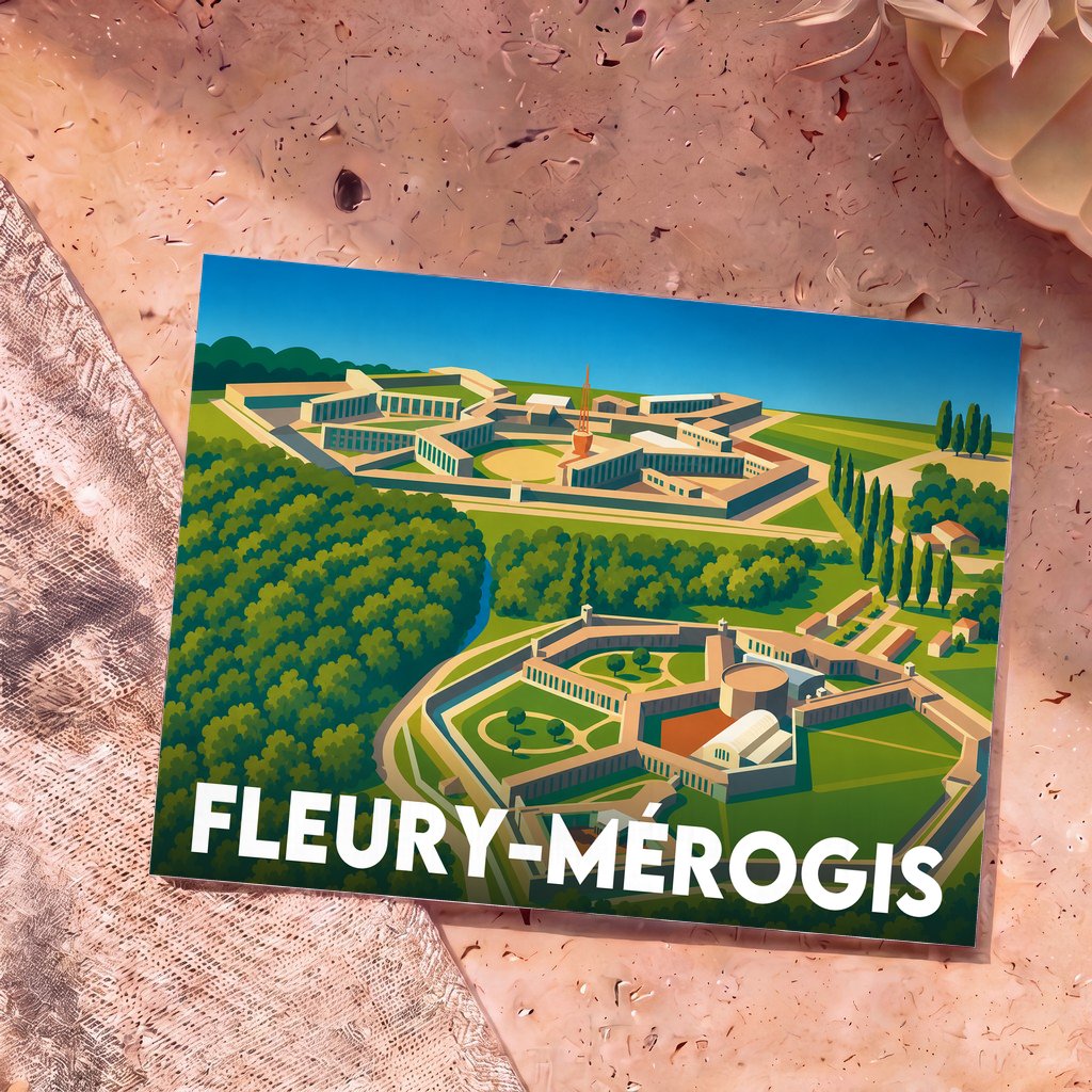 Carte postale souvenir de la ville de Fleury-Mérogis avec une illustration stylisée vue du ciel.