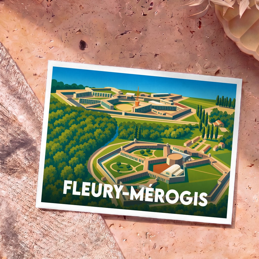 Carte postale souvenir de la ville de Fleury-Mérogis avec une illustration stylisée vue du ciel.
