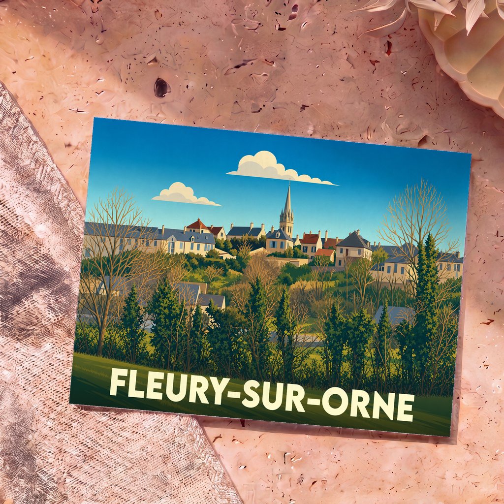 Carte postale souvenir de la ville de Fleury-sur-Orne avec une illustration stylisée.