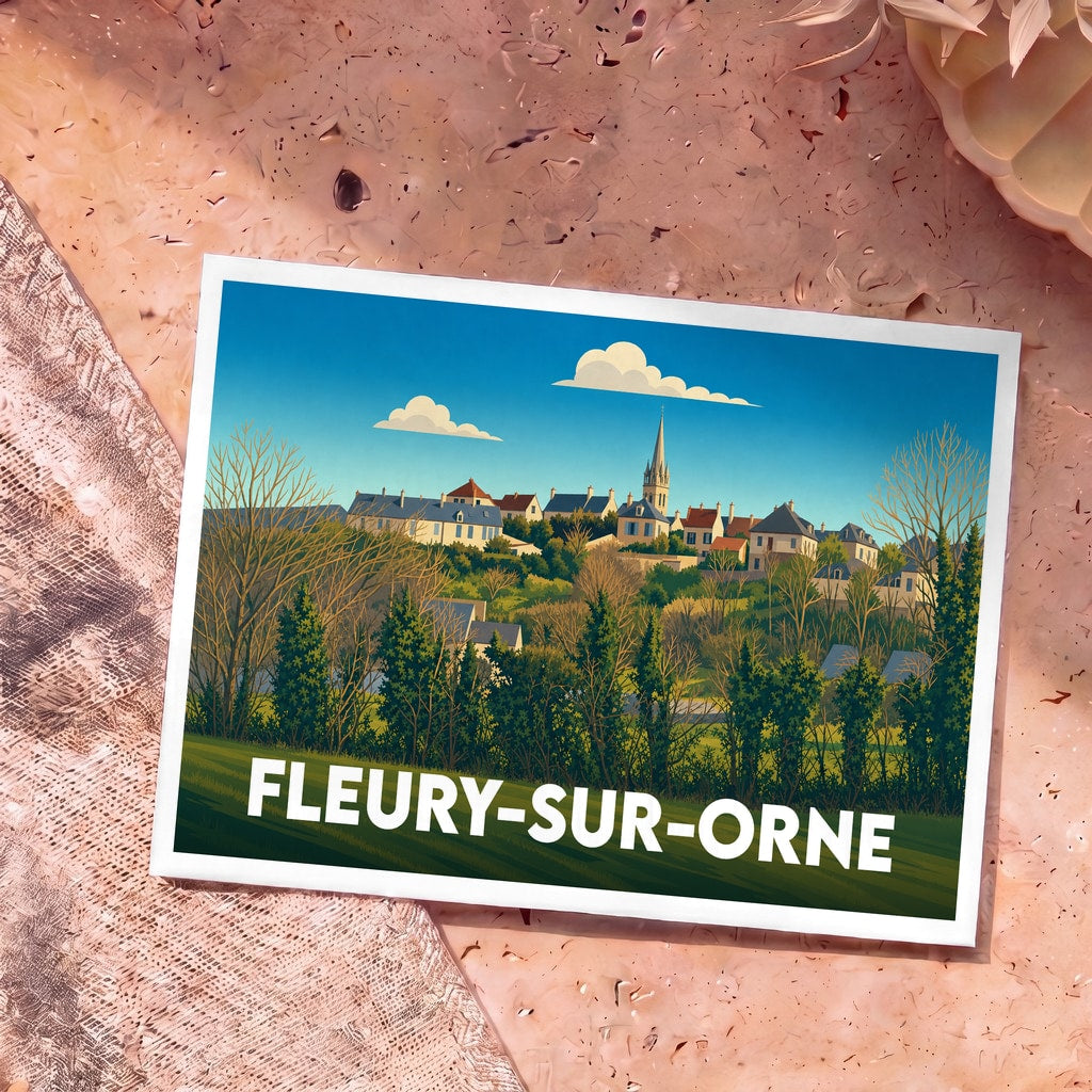 Carte postale souvenir de la ville de Fleury-sur-Orne avec une illustration stylisée.