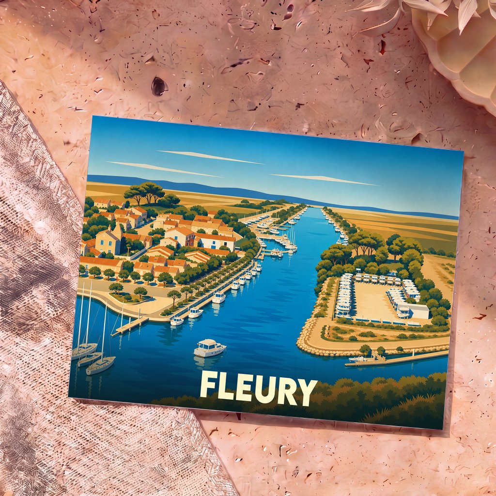 Carte postale souvenir de la ville de Fleury avec une illustration stylisée de son port de plaisance.