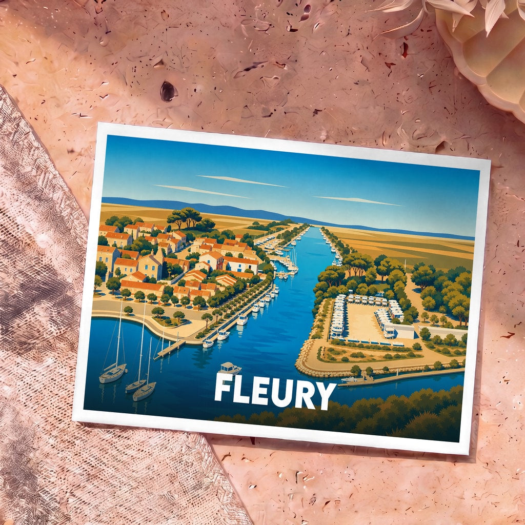 Carte postale souvenir de la ville de Fleury avec une illustration stylisée de son port de plaisance.