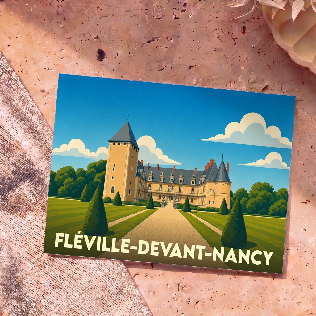 Carte postale souvenir de Fléville-devant-Nancy illustrant son château avec un style graphique épuré.