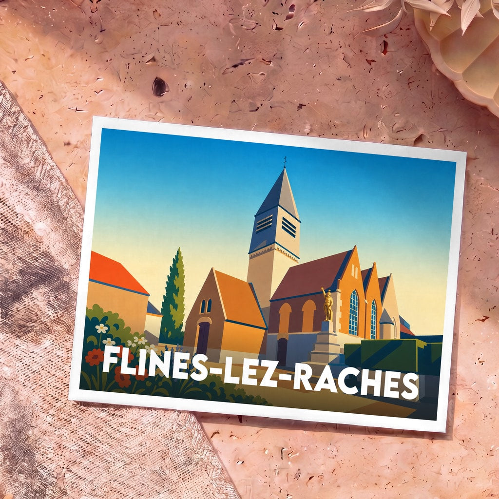 Carte postale souvenir de Flines-lez-Raches illustrant l'église et le monument aux morts dans un style graphique épuré.