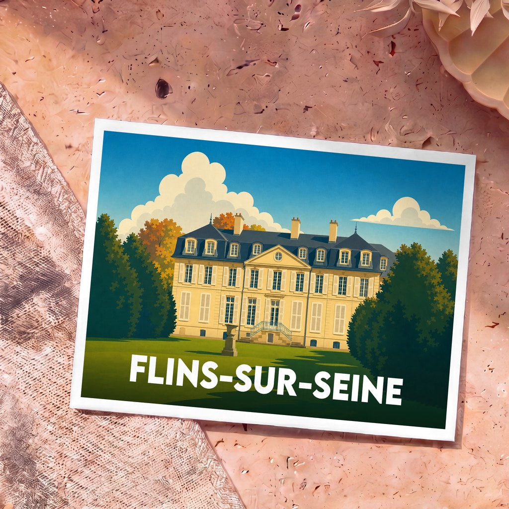 Carte postale souvenir de la ville de Flins-sur-Seine illustrant un château stylisé sous un ciel azur.
