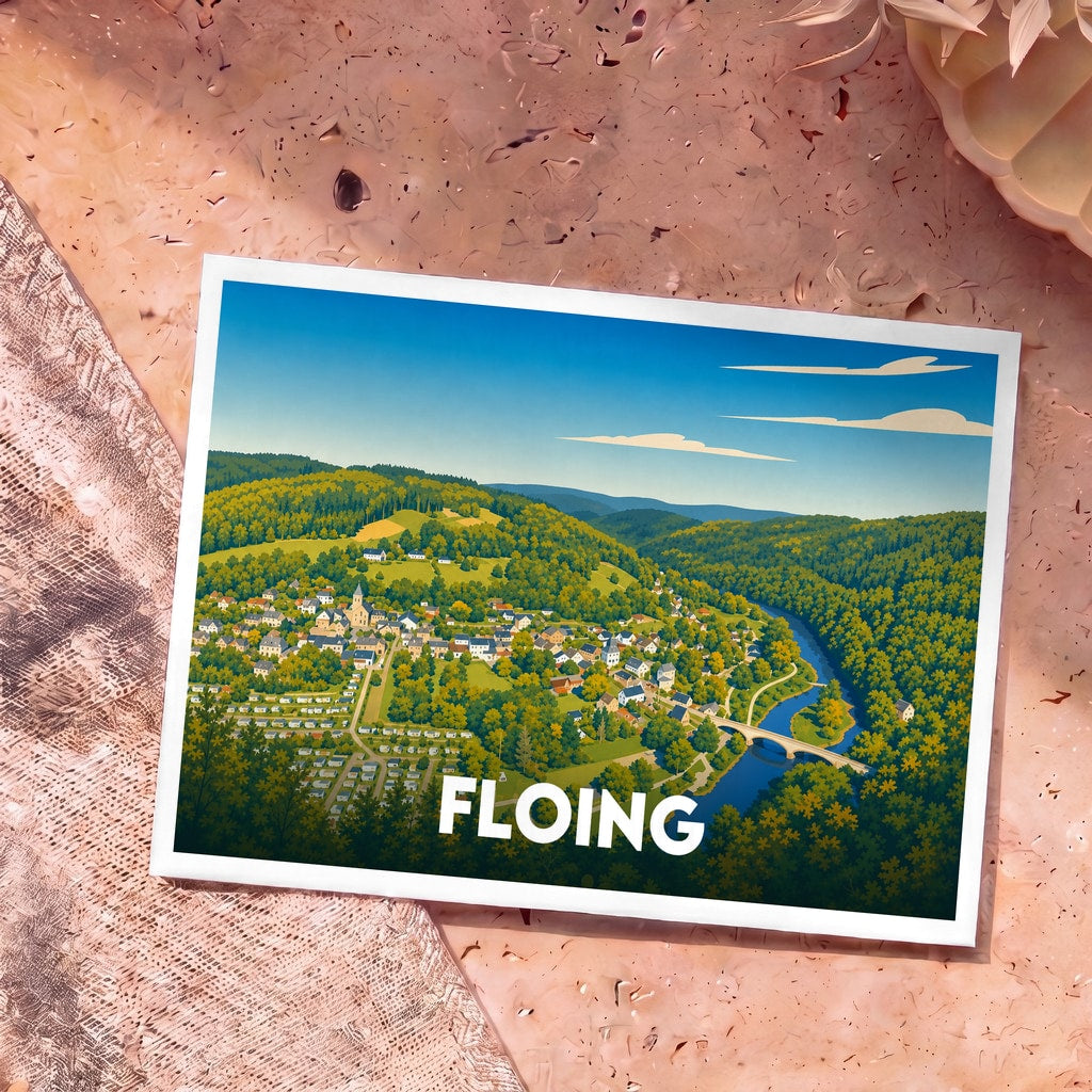 Carte postale souvenir de la ville de Floing avec une illustration stylisée représentant un panorama verdoyant en bord de rivière.