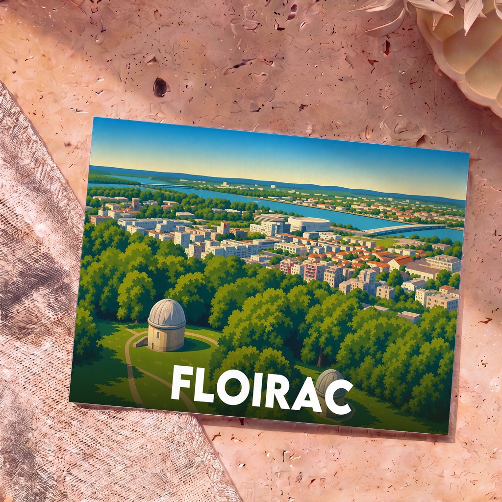 Carte postale souvenir de la ville de Floirac avec une illustration stylisée de son observatoire et de la Garonne.
