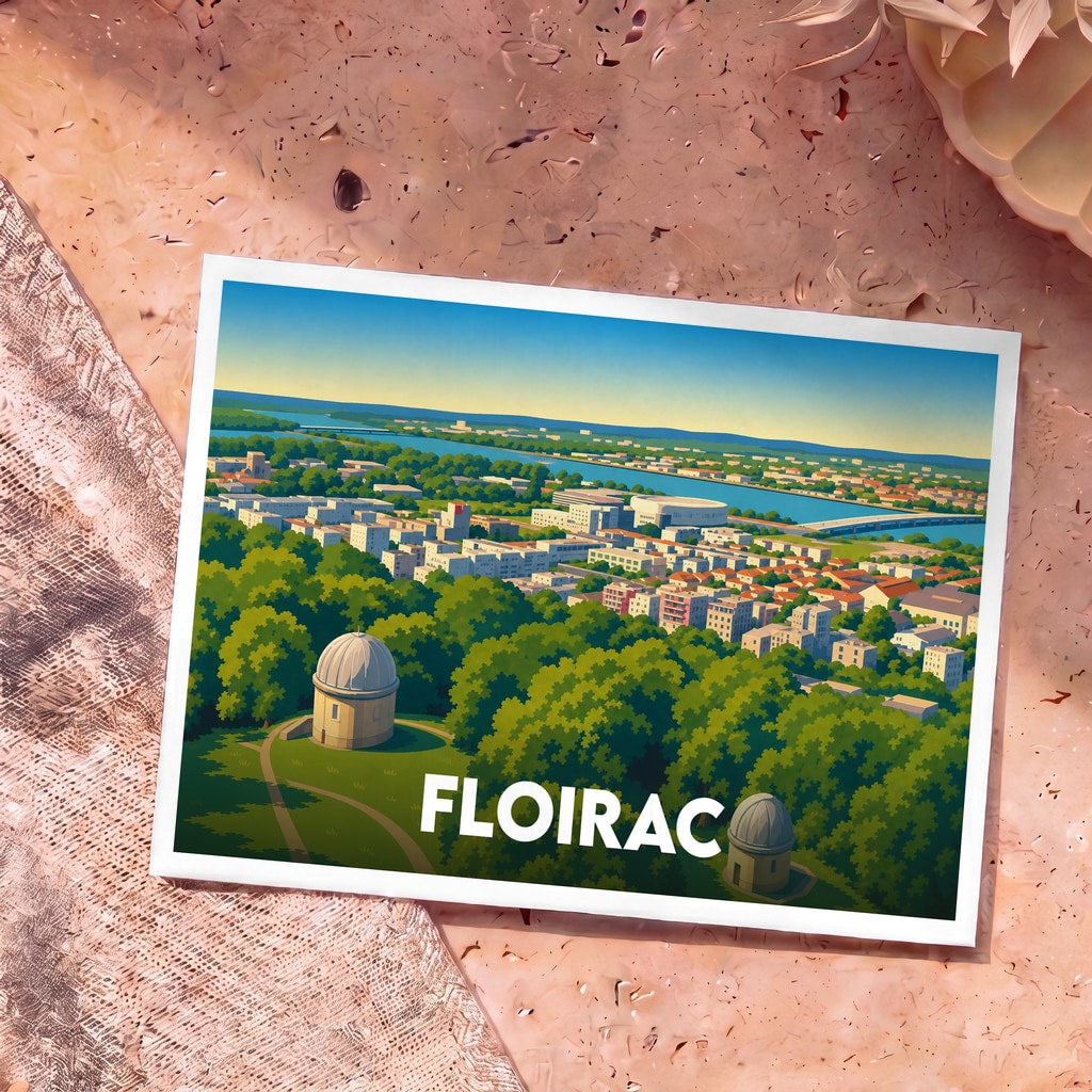 Carte postale souvenir de la ville de Floirac avec une illustration stylisée de son observatoire et de la Garonne.