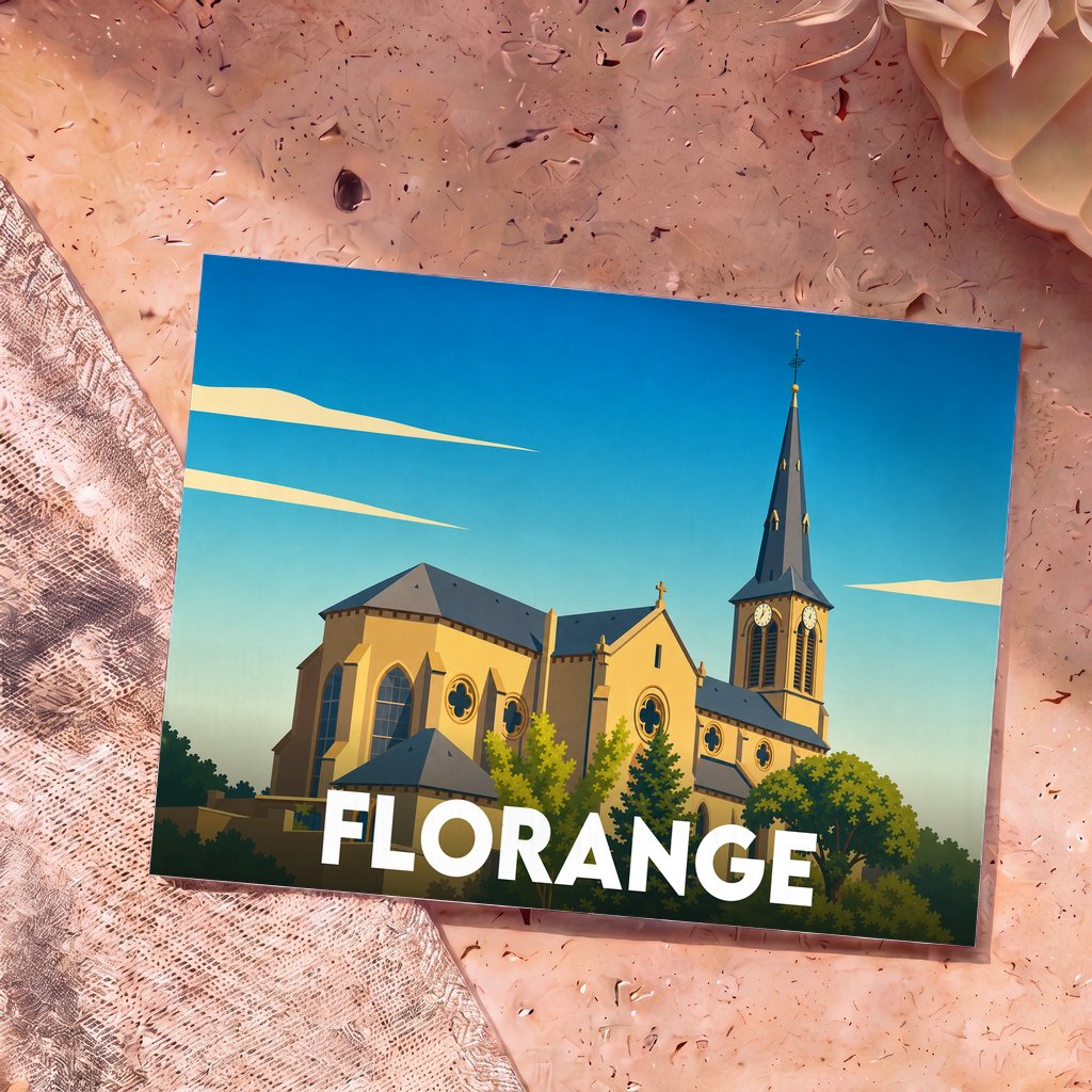 Carte postale souvenir de la ville de Florange avec une illustration stylisée de son église sous un ciel bleu.