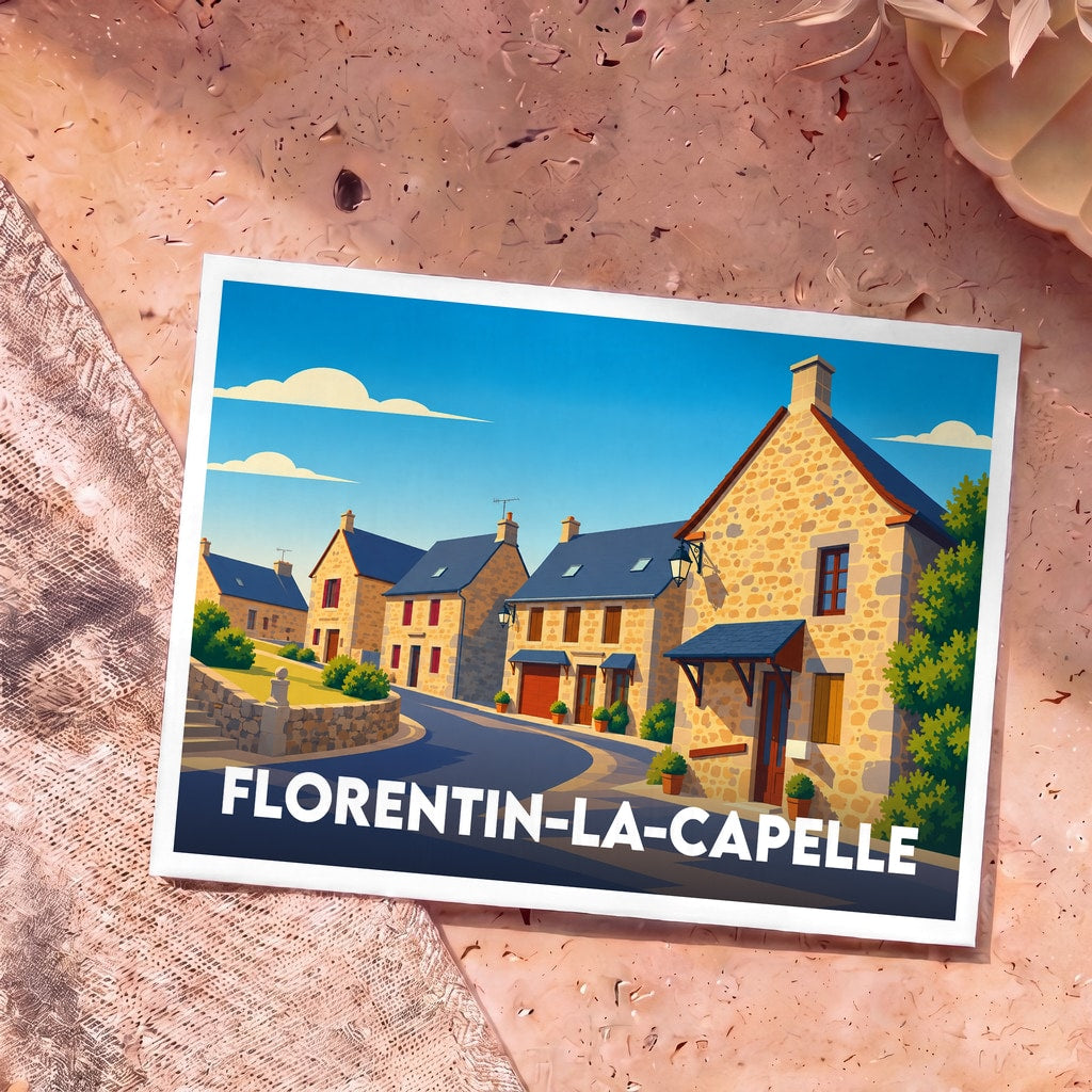 Carte postale souvenir de la ville de Florentin-la-Capelle avec une illustration stylisée d'un village en pierre.