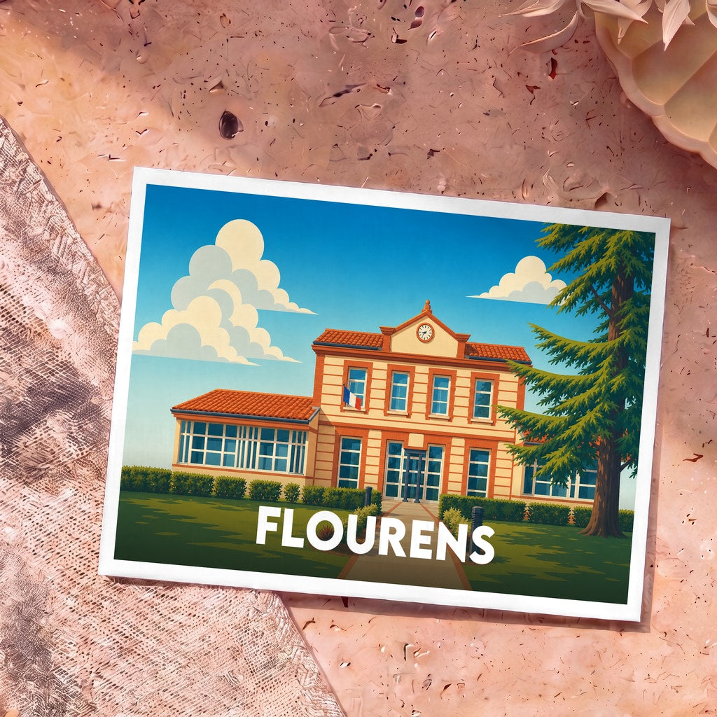 Carte postale souvenir de la ville de Flourens avec une illustration stylisée de sa mairie.