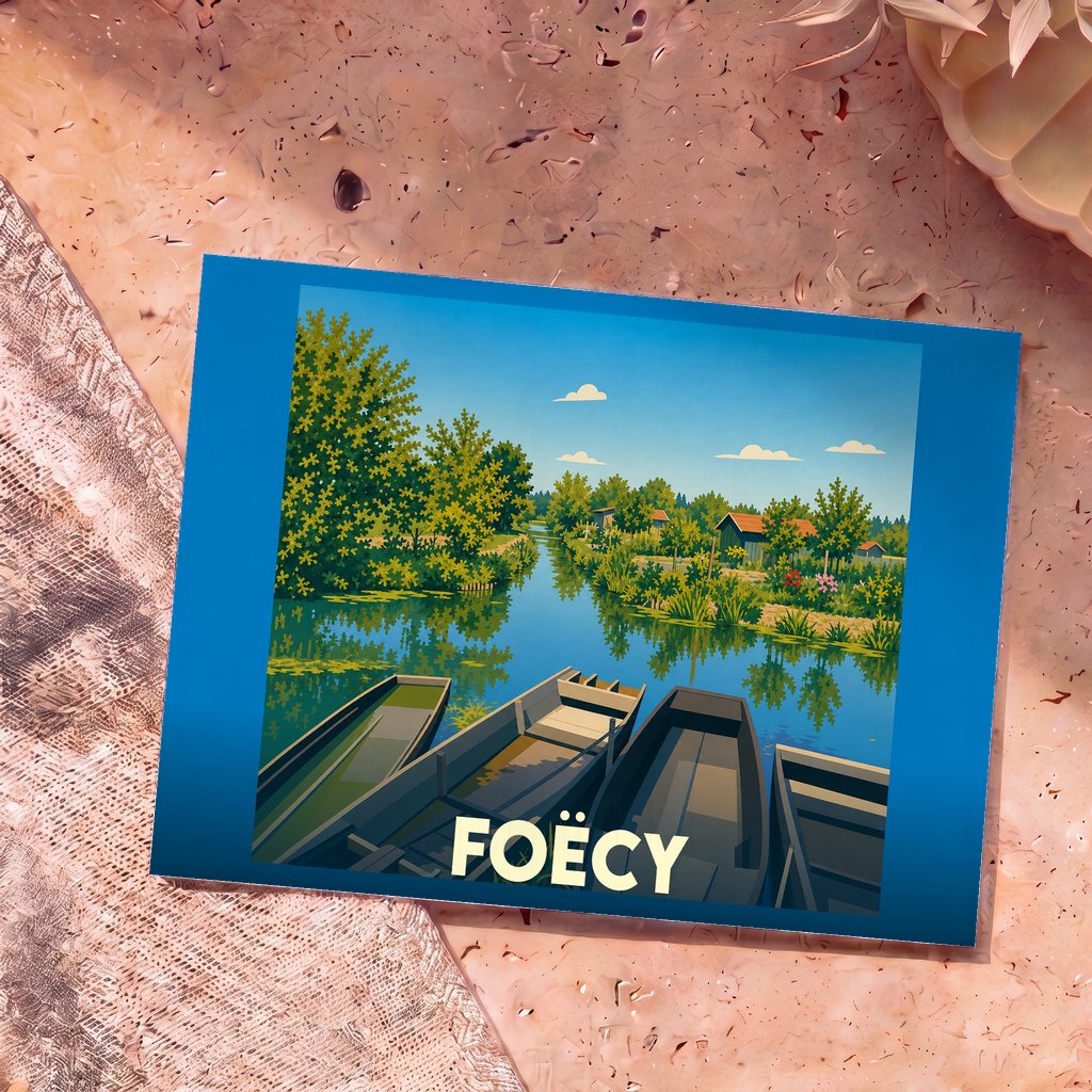 Carte postale souvenir de la ville de Foëcy illustrée de barques traditionnelles sur un canal verdoyant.