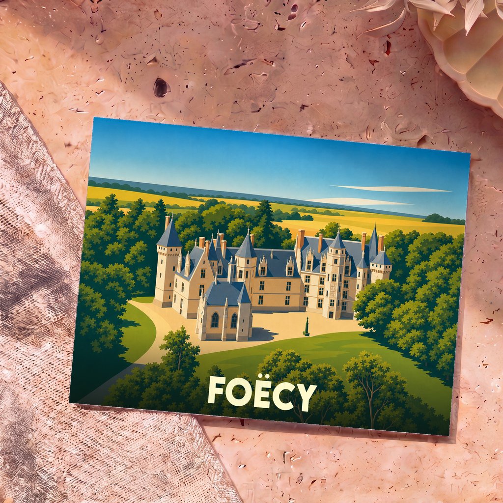 Carte postale souvenir de la ville de Foëcy avec une illustration stylisée de son château.