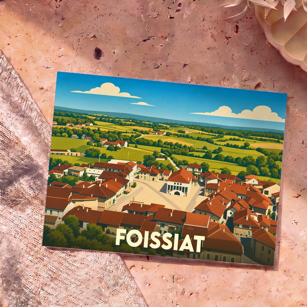 Carte postale souvenir de la ville de Foissiat avec une illustration stylisée des toits et du paysage environnant.