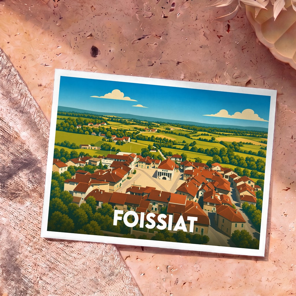 Carte postale souvenir de la ville de Foissiat avec une illustration stylisée des toits et du paysage environnant.