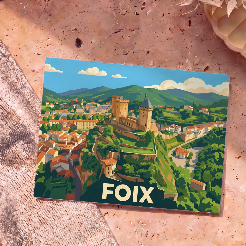 Carte postale souvenir de la ville de Foix illustrant son château et ses paysages dans un style graphique épuré.