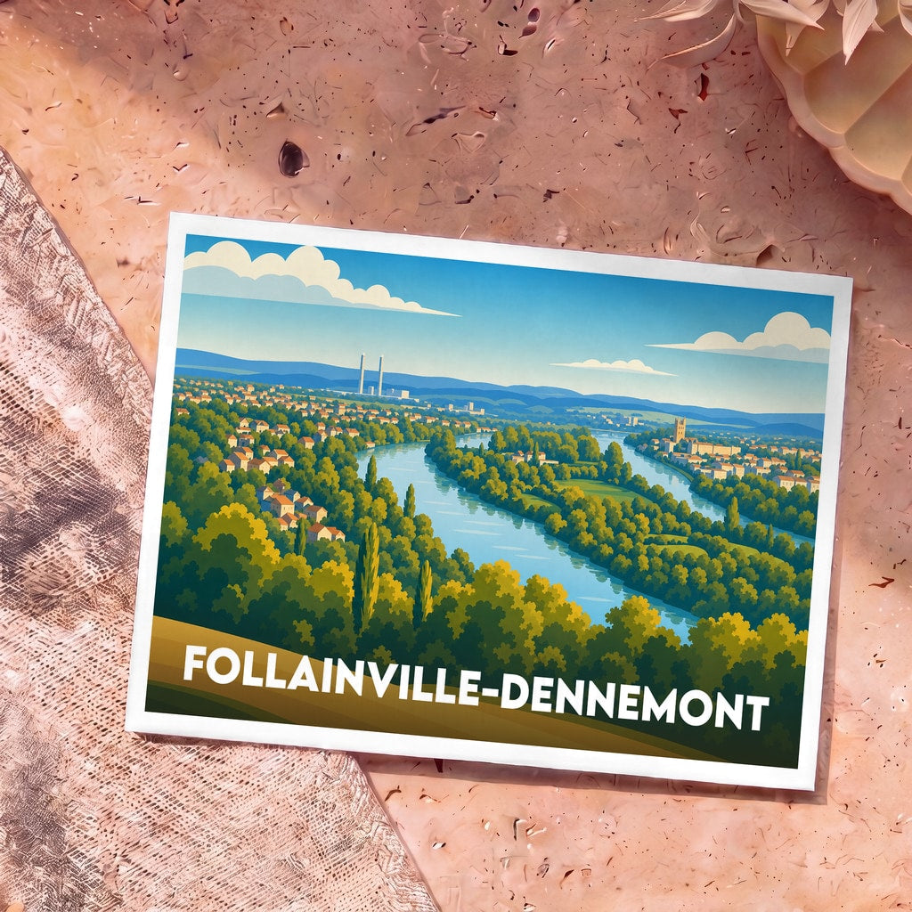 Carte postale souvenir de la ville de Follainville-Dennemont illustrant un paysage de bord de Seine.