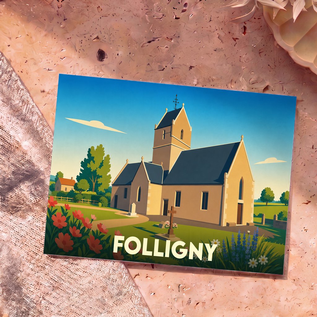 Carte postale souvenir de la ville de Folligny avec une illustration stylisée de son église.