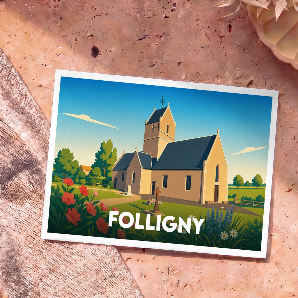 Carte postale souvenir de la ville de Folligny avec une illustration stylisée de son église.
