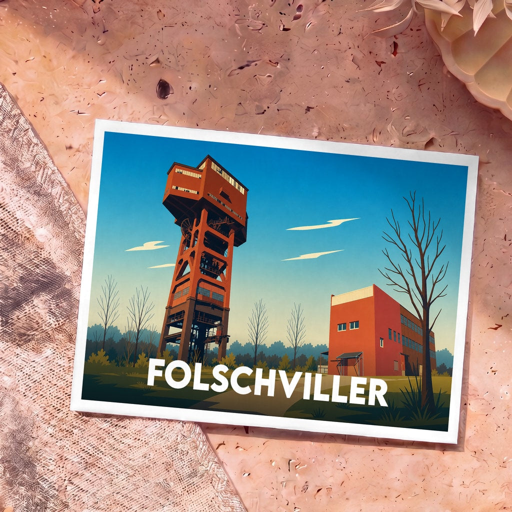 Carte postale souvenir de la ville de Folschviller illustrant son célèbre chevalement de mine dans un style graphique épuré.