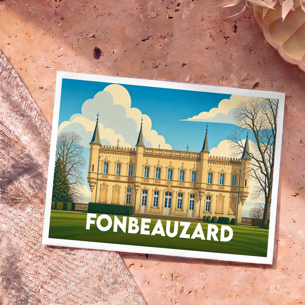 Carte postale souvenir de la ville de Fonbeauzard avec une illustration stylisée d'un château.