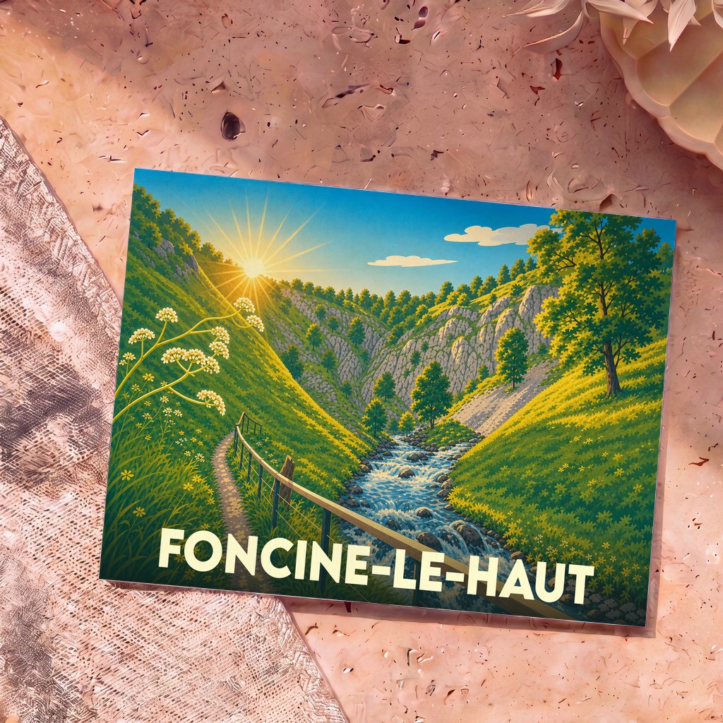 Carte postale souvenir de la ville de Foncine-le-Haut avec une illustration de paysage de montagne au lever du soleil.