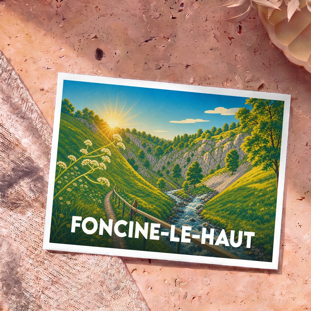 Carte postale souvenir de la ville de Foncine-le-Haut avec une illustration de paysage de montagne au lever du soleil.