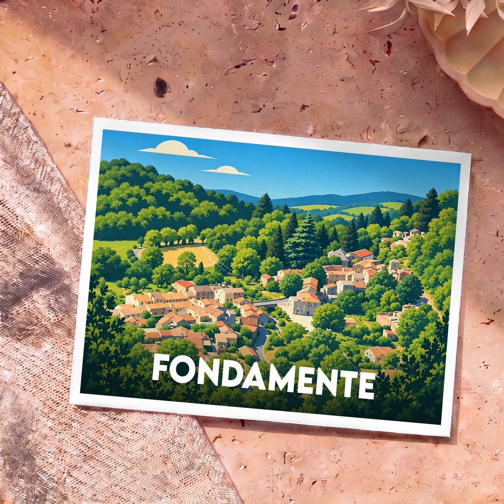 Carte postale souvenir de la ville de Fondamente avec une illustration stylisée d'un village niché dans une vallée verdoyante.