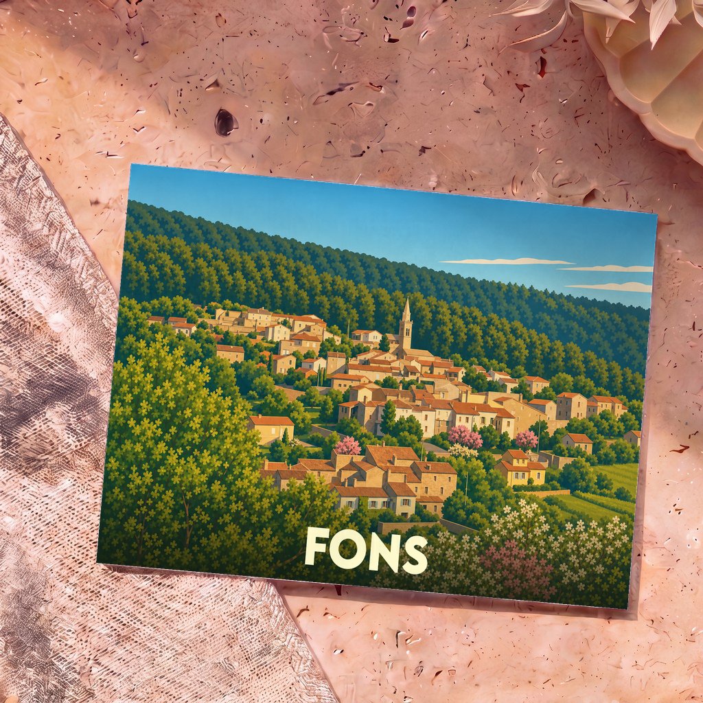 Carte postale souvenir de la ville de Fons illustrant un village perché au cœur d'une forêt verdoyante.