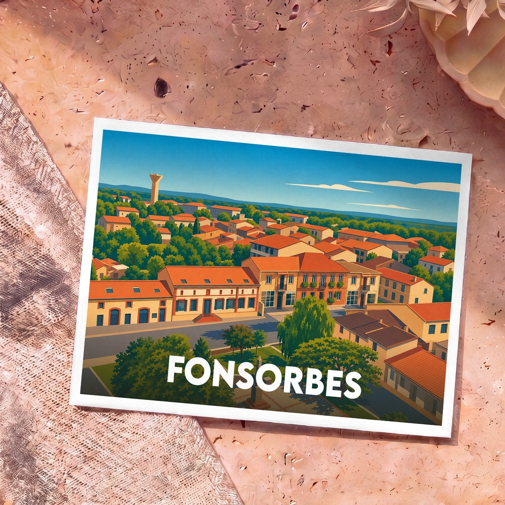 Carte postale souvenir de la ville de Fonsorbes avec une illustration stylisée.