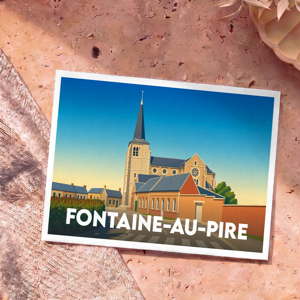 Carte postale souvenir de Fontaine-au-Pire arborant une illustration stylisée de son église et de ses maisons.