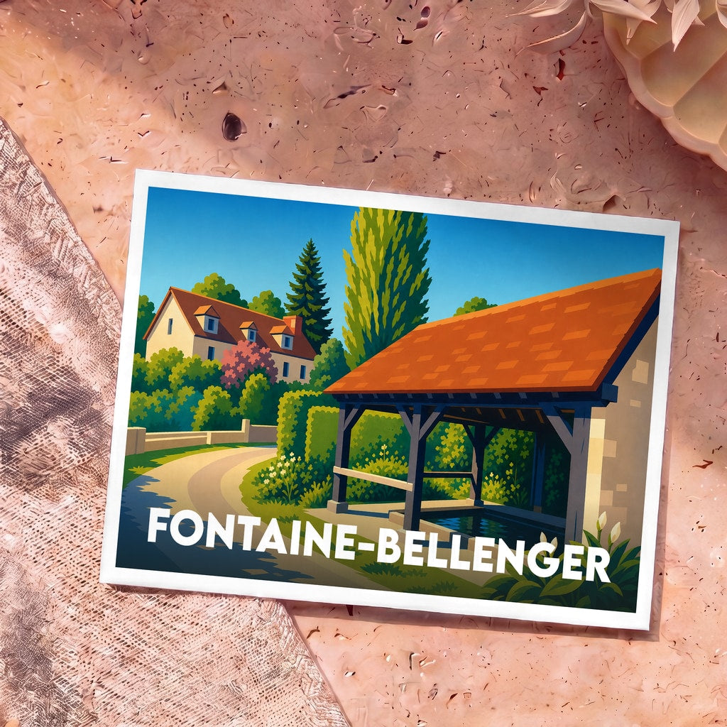 Carte postale souvenir de Fontaine-Bellenger arborant une illustration colorée et stylisée d'un lavoir traditionnel.