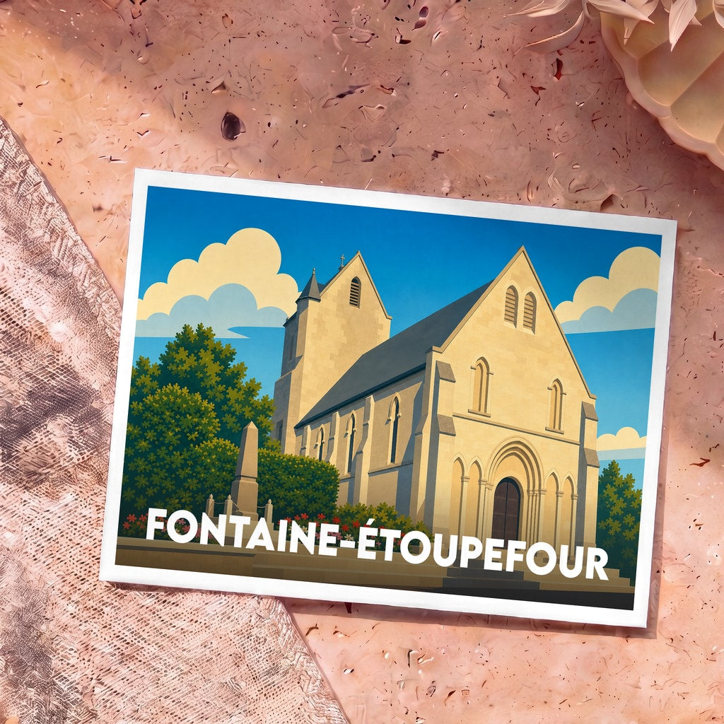 Carte postale souvenir de la ville de Fontaine-Étoupefour avec une illustration stylisée de son église.