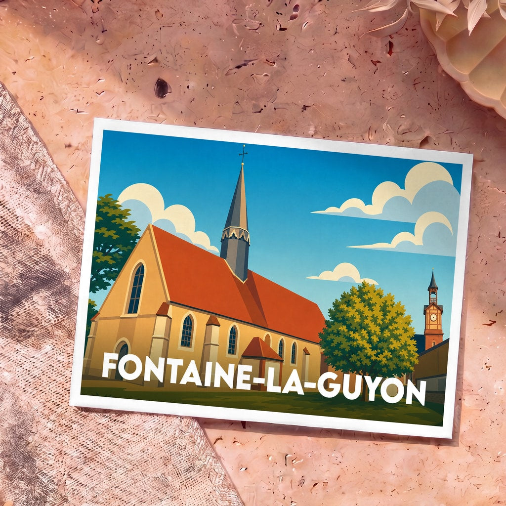 Carte postale souvenir de la ville de Fontaine-la-Guyon avec une illustration stylisée de son église.
