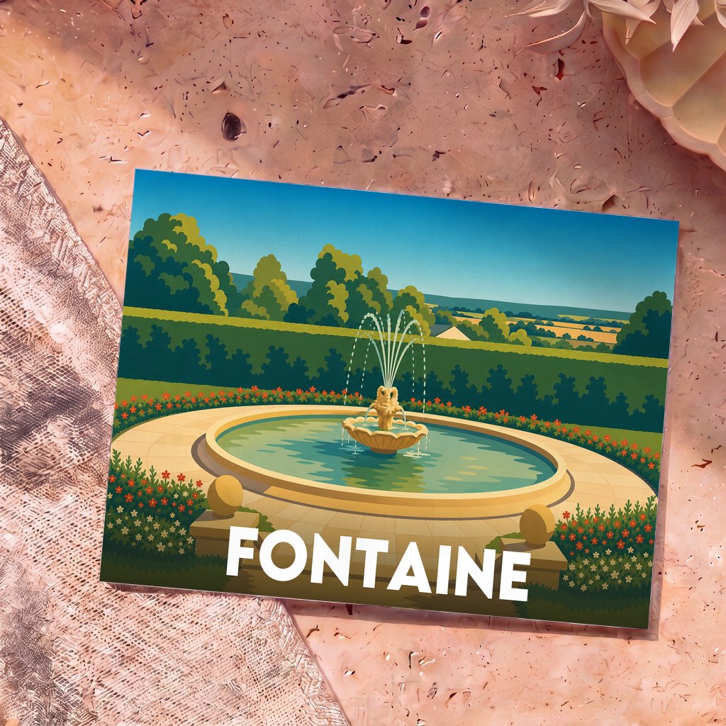 Carte postale souvenir de la ville de Fontaine illustrant un parc arboré avec une fontaine centrale.