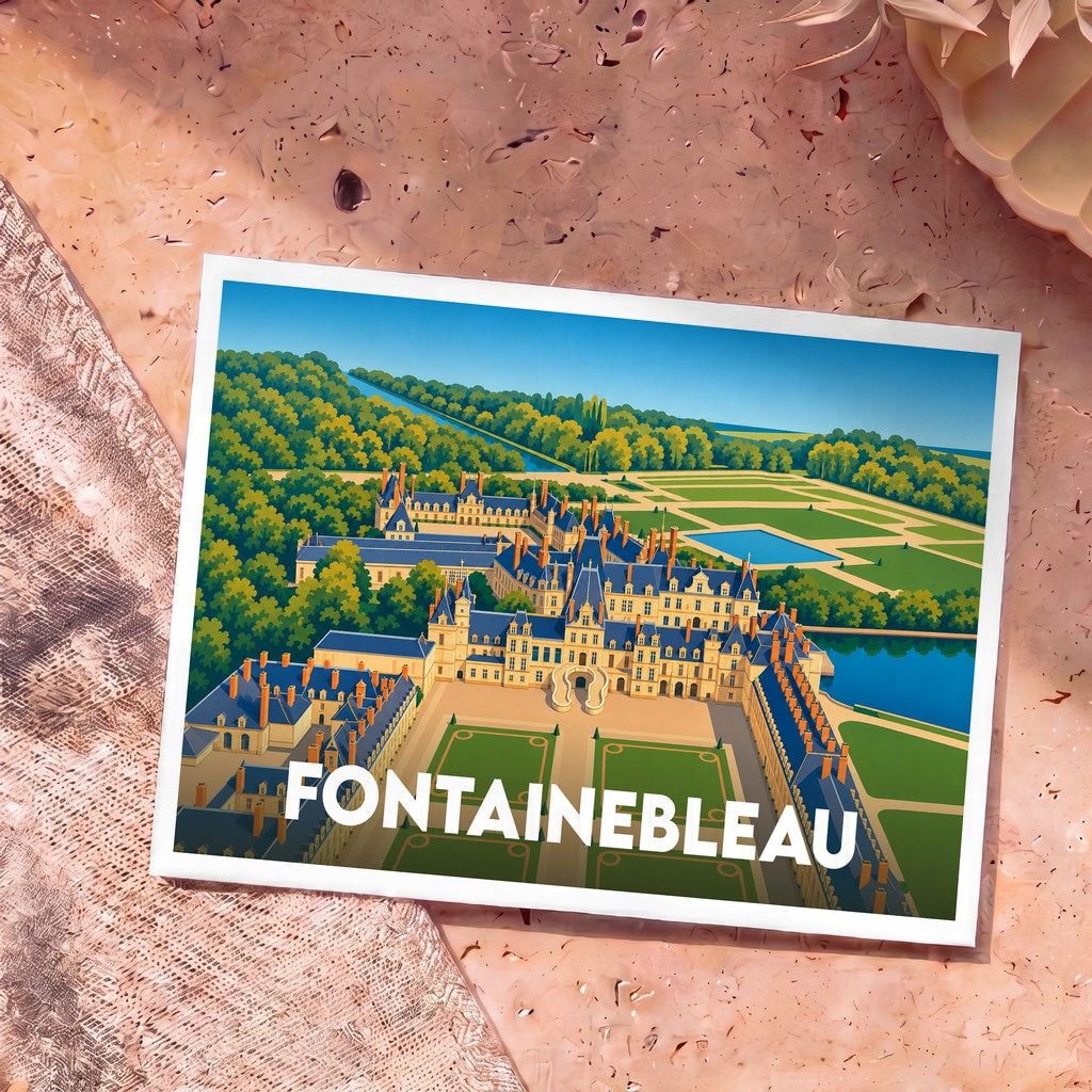 Carte postale souvenir de la ville de Fontainebleau représentant son château avec une illustration stylisée.