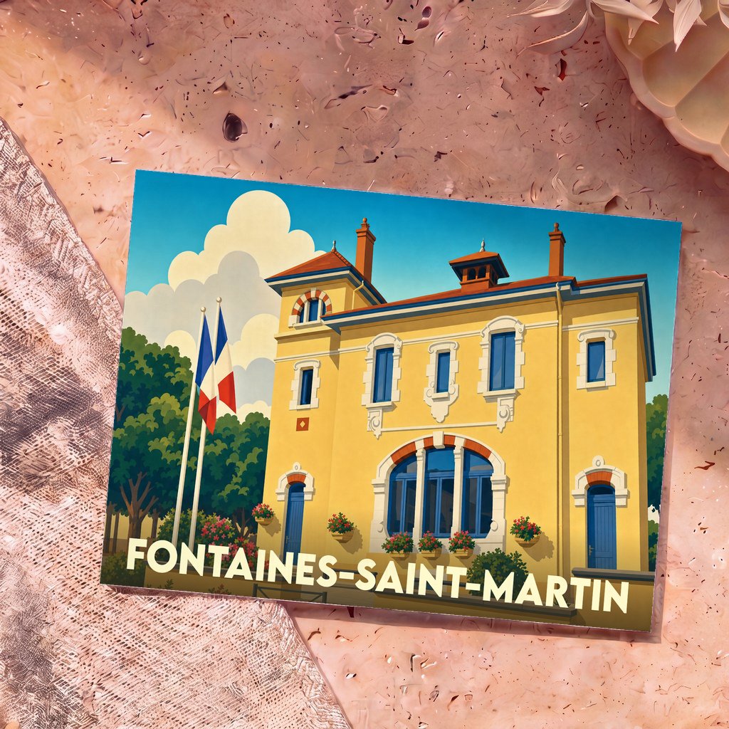 Carte postale souvenir de la ville de Fontaines-Saint-Martin illustrant sa mairie dans un style graphique et coloré.