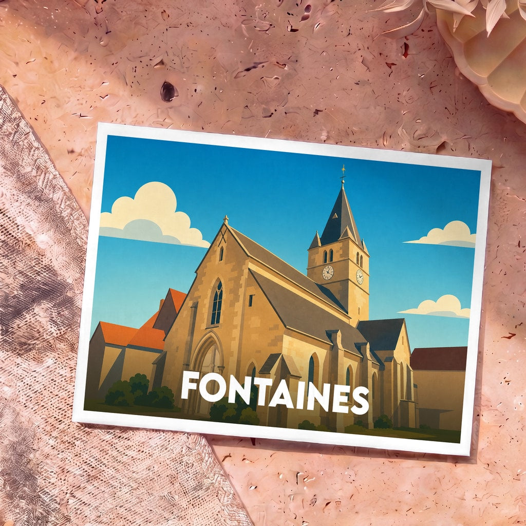 Carte postale souvenir de la ville de Fontaines avec une illustration stylisée d'une église sous un ciel bleu.