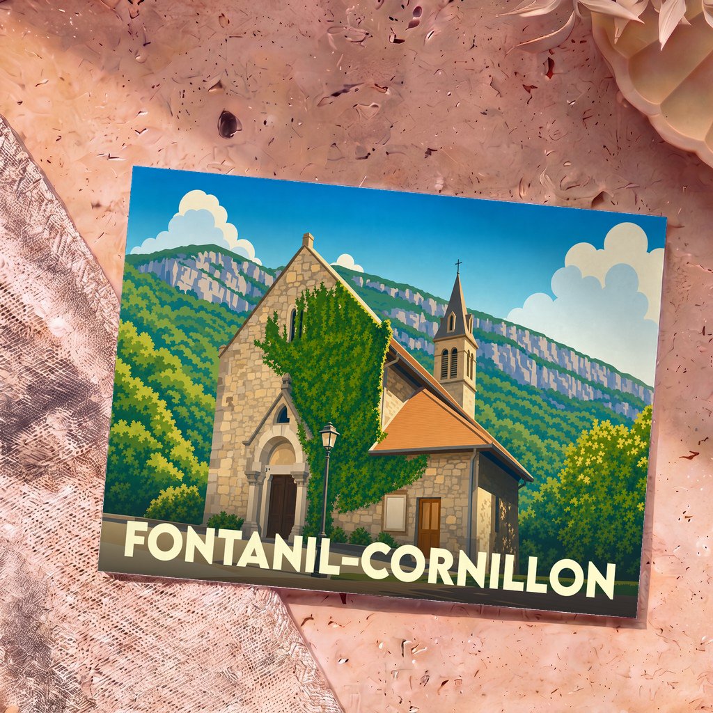 Carte postale souvenir de la ville de Fontanil-Cornillon avec une illustration stylisée d'une église au pied des montagnes.