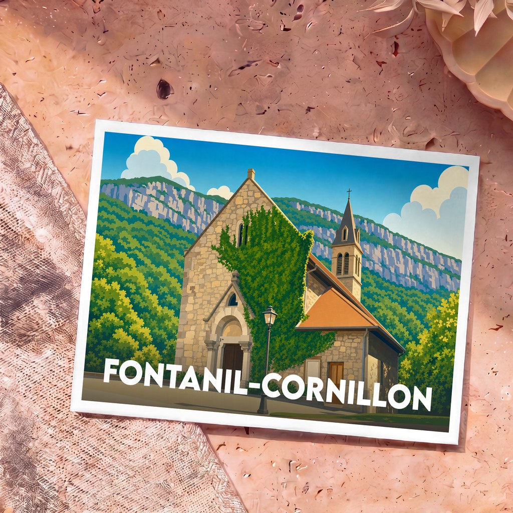 Carte postale souvenir de la ville de Fontanil-Cornillon avec une illustration stylisée d'une église au pied des montagnes.