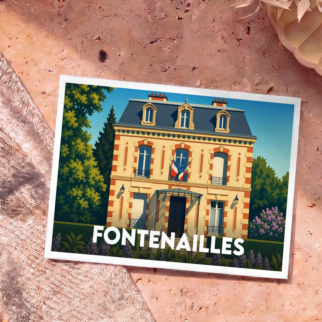 Carte postale souvenir de la ville de Fontenailles illustrant la mairie dans un style graphique épuré.